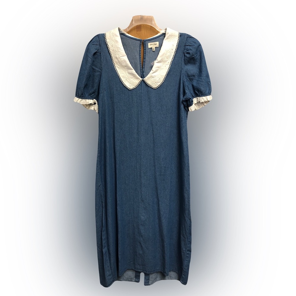 Anthropologie Blue Dress with White Lace Detail